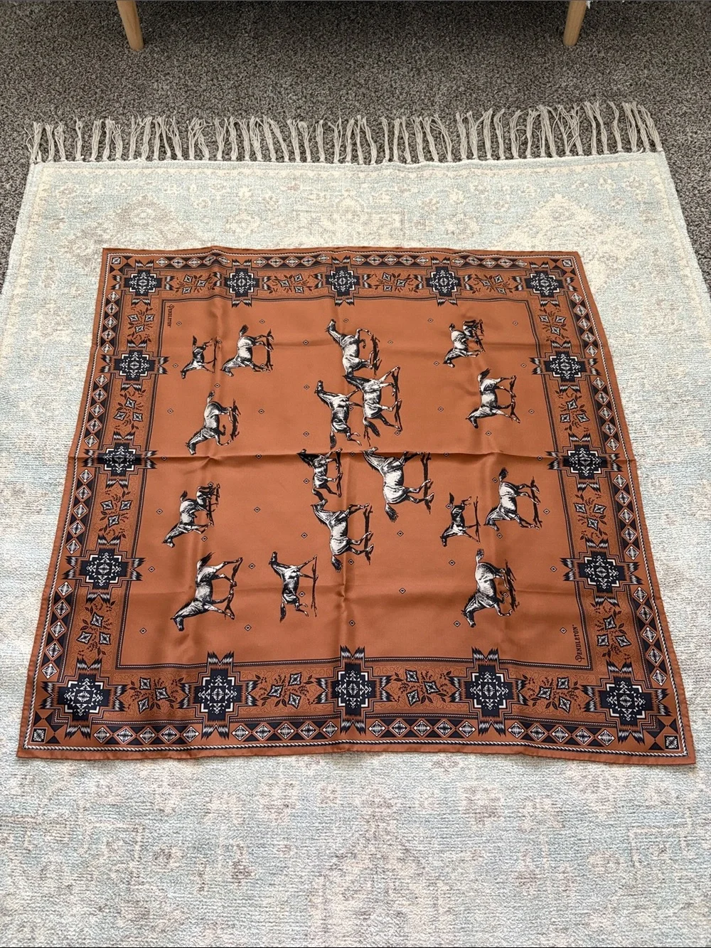 Pendleton Rust Horse Print Silk Scarf with Black & Brown Accents